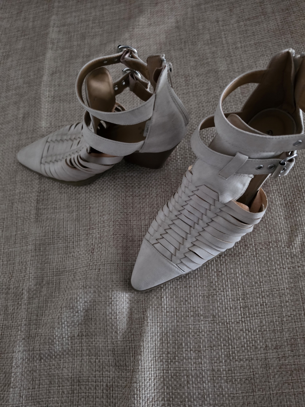 Woven Pointed-Toe Ankle Strap Heels - Cream